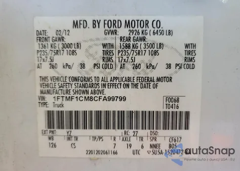 2012 Ford F150 from USA, damaged, VIN 1FTMF1CM8CFA99799